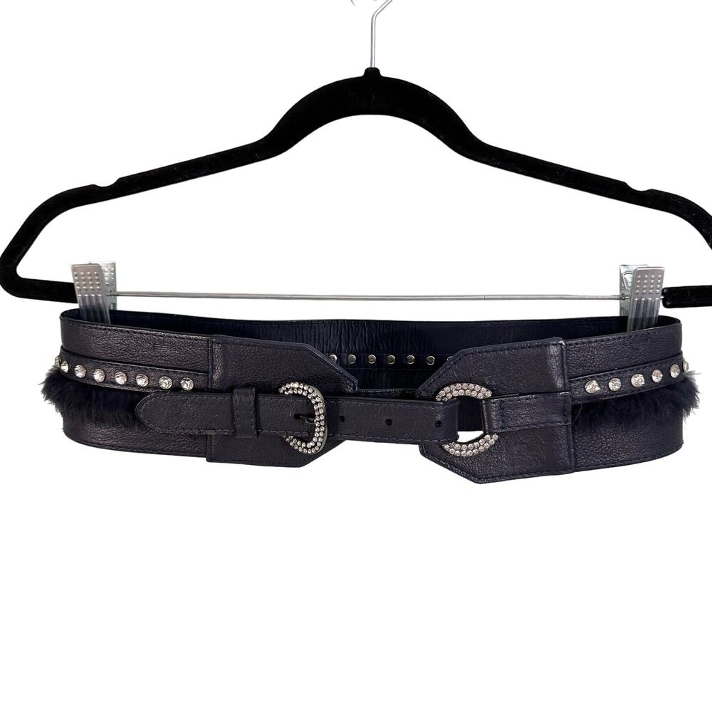 Corset Waist Belts Womens 28" Faux Leather Fur Rhinestones Buckle Y2K Glam Chic